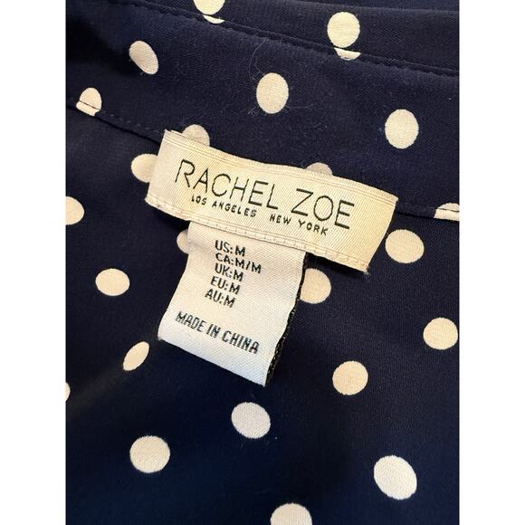 Rachel Zoe Medium Navy w White Polka Dots Stretchy Button Up Blouse Shirt - Picture 2 of 6